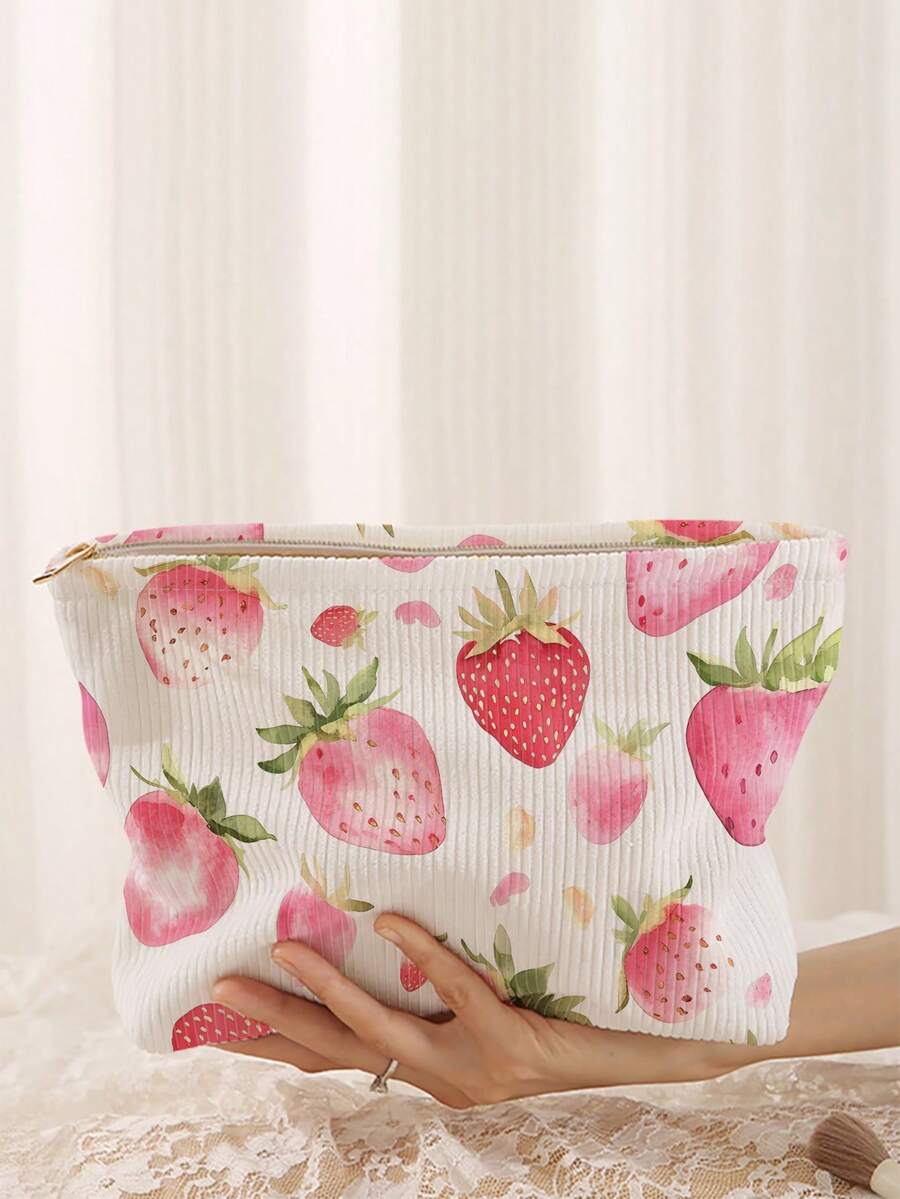 1 件便携式草莓图案双面印花拉链化妆包，多功能旅行洗漱用品收纳袋