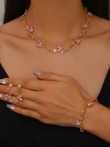 1 pièce Collier + 1 paire de boucles d'oreilles + 1 pièce Bracelet Ensemble de bijoux, 4 pièces de style élégant Bijoux de mariée, convient pour la saison des mariages