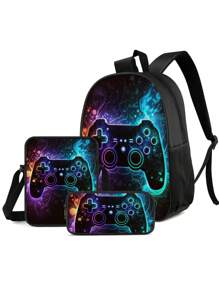 3 Pieces Set Backpack For Boys Girls, Kids Game Controller Patterned Backpack For Teens Elementary Middle High School Students, Large Capacity School Bags With Shoulder Bags And Pencil Case For Back To School Gift