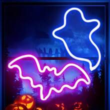 2pcs/Set Bat & Ghost Shaped Neon Sign LED Lights, USB Or Battery Operated, Creative Night Light Ideal For Halloween, Bedroom, Party, Bar, Living Room, Wall Decor