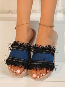 女士蓝色流苏平底软拖鞋，时尚舒适一脚蹬凉鞋，适合女士和学生，夏季 - 藍色 - 查看 4