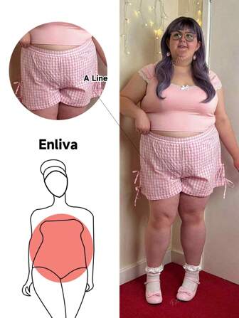 Enliva Shorts casuales con lazo decorativo a cuadros rosados, ropa de primavera y verano en talla grande
