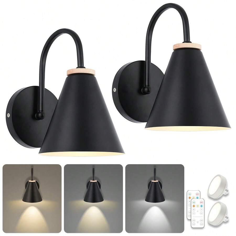 Daoteper Vintage Wireless Battery Operated Wall Sconces, Industrial Cordless Battery Powered Led Wall Lights Set Of 2, Wall Lamp Fixture Indoor With Remote Control For Bedroom Farmhouse Gallery - 黑色 - 查看 1