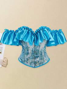 Women Corset Bustier Tops Vintage Jacquard Flower Ruffle Sleeve Body Shaper  Renaissance Shirts - 藍色 - 查看 3
