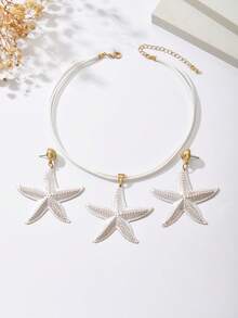 1 套 3 件波西米亚海滩海洋系列时尚百搭彩色海星耳环和项链套装，独特的白色海星吊坠项链和耳环套装，适合女性日常和节日穿着