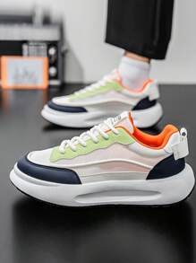 Men's Sneakers 2025 Summer New Breathable Mesh Shoes, PU Leather & Mesh Patchwork Thick Sole Shock Absorbing Chunky Sneakers, Classic Style Casual Outdoor Running Sneakers For Youths, Street Fashion Wear, Parties, Holidays, Slip Resistant Odor Resistant Comfortable Shoes For Spring, Summer And Autumn