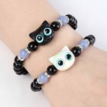 A Set Of Cute Glow-In-The-Dark Cat Bead Bracelet And Necklace, Perfect For Daily Wear, Couples, Parties, And As Gifts For Anniversaries And Holidays Cute Acrylic Black White Cat Couple Bracelet Necklace Glow In The Dark Bead Bracelets For Women Men Girls Boys Cute Big Eye Cat Luminous Bracelets