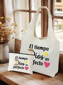 Geantă de umăr din pânză imprimată plus geantă mică albă, imprimată cu litere colorate, model soare, dragoste, geantă de mână portabilă casual, geantă de depozitare simplă pentru călătorie, geantă cosmetică de călătorie de mare capacitate, geantă de voiaj, cu un design nou și capacitate mare, ceea ce o face o alegere ideală pentru cumpărături, potrivită pentru nunți, zile de naștere, plaje și sărbători, înapoi la școală și cumpărături.