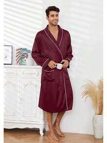 Men's Satin Robe Lightweight,Men's Luxurious Silk Kimono Bathrobe - Burgundy - View 2