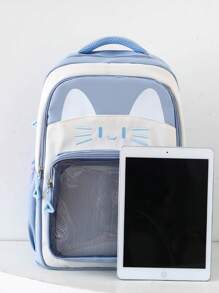 Back To School 3 Pcs Set New Nylon Material Cute Cartoon Kitten Pattern Solid Color Backpack, Shoulder Bag, Pencil Bag, Smooth Zipper Closure, Large Capacity And Multi-Function, Fashionable And Casual, Sweet And Simple, Very Suitable For Daily Outdoor Travel