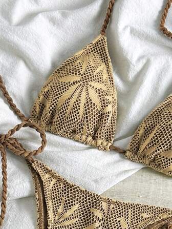 Bikinx Kvinnors Boho Lövmönster Meshtyg Med Grimma Rygglös Virkad Snörning Brunt Bikiniset Hög Stretchig Knytning Sido Badkläder