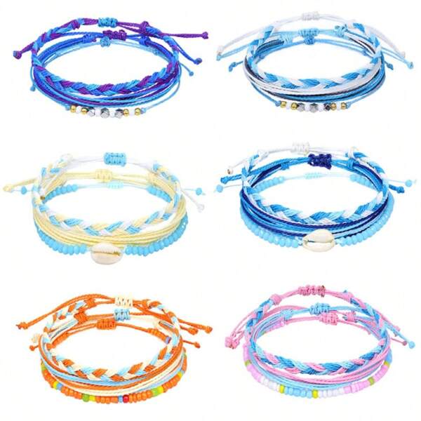 3pcs/Set Fashionable Seashell Wax Rope Handmade Woven Bracelets, Suitable For Women's Daily Wear