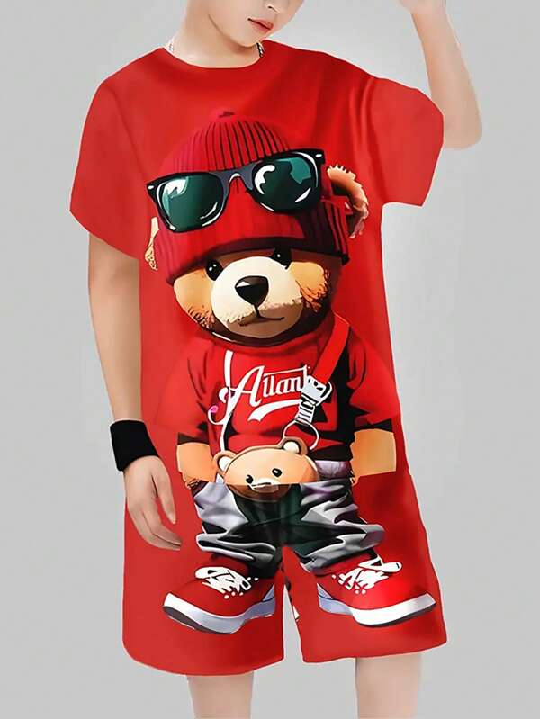 Conjunto informal de camiseta y pantalones cortos con estampado de oso para niños, camiseta de cuello redondo de manga corta, adecuado para llevar en exteriores en primavera y verano, tela de punto regular