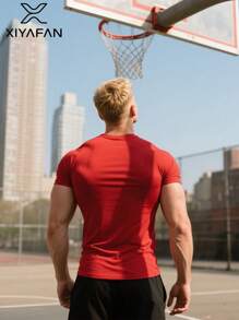 Red Boyfriend Style Sports Shirt - Polyester Quick-Dry Short Sleeve | Suitable For Layering | Wrinkle-Resistant, Suitable For Fitness And Commuting