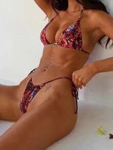 Women Y2K Sexy Bikini Sets Halter Spaghetti Strap Bra High Cut Tie Side Thongs Triangle Bikini Bottom Cheeky Two Piece Swimsuits Bathing Suit Summer Vacation Beachwear - 棕色 - 查看 5