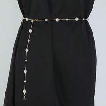 1pc Plain Color Faux Pearl Waist Chain, Fashionable & Versatile Fall, Autumn, Halloween - Gold - View 2