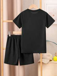 2pcs/Set Teenage Boys' Casual Sports Line Print Gradient T-Shirt And Solid Shorts Set, Suitable For School, Sports Warm-Up, Training