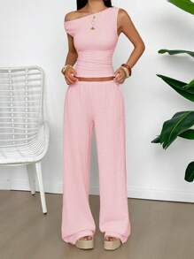 GAOVOT Ensemble deux pièces d'été pour femmes Y2K, sexy, élégant et décontracté. Top en tricot texturé jaune beurre avec épaules dénudées et pantalon droit large et ample