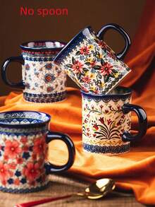 1 件手绘花卉陶瓷隔热咖啡杯，可重复使用的陶瓷饮具适合家庭使用 - 早餐杯、下午茶杯、办公室茶杯、水杯、咖啡杯、果汁杯、日常野餐、客厅、餐厅、厨房、办公室，适合斋月、开斋节礼物，适合儿童礼物、派对礼物 - 手彩4色杯 - 查看 3