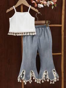 2pcs/Set Girls Cute Bear Embroidery Decor Camisole Top + Fashionable Tassel Flared Leg Pants, Stylish & Versatile Outfit