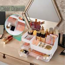 Large Capacity Cosmetic Organizer With 3 Drawers, ABS Plastic Mini Office Organizer For Dresser, Office Supplies, Bathroom Counter, Perfect For Perfume, Brushes, Jewelry, Skincare Bathroom, Miscellaneous Organizer Storage Cabinet Home Bathroom Decor Summer Makeup Organizer - 白+透明 - 查看 2