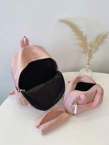 3pcs/Set Fashionable School Style Solid Color Backpack Set, Includes Backpack, Lunch Bag And Pencil Case, With Laptop Compartment, Adjustable Shoulder Straps, Multi-Pockets Large Capacity, Multi-Functional Backpack Set, Suitable For Girls/Teens/College Students/Graduates For Daily Use/Vacation/Travel/Back To School - Pink - View 5