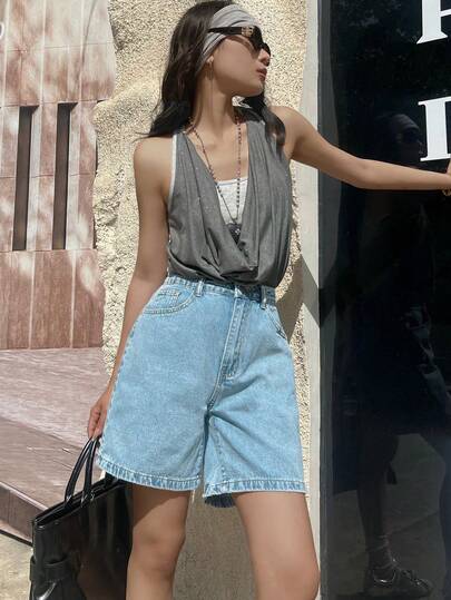 Women's Casual Plain Bermuda Denim Shorts With Pockets