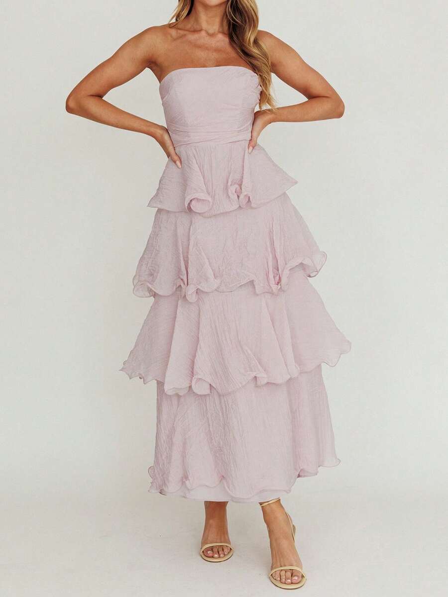 Ruffled Tube Top Long Dress For Women Summer Solid Color Backless Strapless Sleeveless Tiered Cake Dress - Màu tím - Xem 1