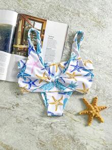 Sultry Sol Bộ bikini đi biển mùa hè 2 món cho nữ, thiết kế in họa tiết đại dương hai mặt, có thể đảo ngược, áo bơi xoắn dây rộng và quần bơi cạp giữa, thích hợp cho tiệc hồ bơi và kỳ nghỉ ở bãi biển - Xanh và trắng - Xem 7
