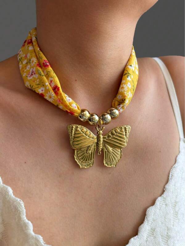 1pc New Chinese Style Elegant Silk Scarf Design Stainless Steel Butterfly Pendant Necklace For Women
