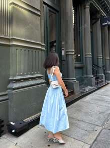 Women Solid Color Ruched Splice Elegant Casual Vacation Dress, Spring & Summer