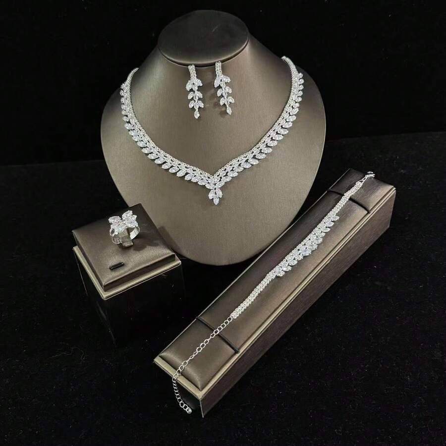 4pcs/Set Luxury Fashion V-Shape Cubic Zirconia Necklace Set, Silver-Color Jewelry Suitable For Weddings, Parties, Galas, Gifts For Women - White - View 1