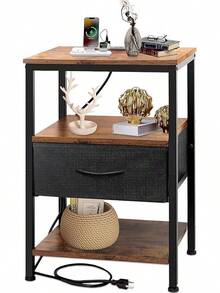 Mesita de Noche, Buró para Recamara, Vintage con Estación de Carga, 3 Niveles de Almacenamiento, 1 Cajones, Puertos USB y Tomas de Corriente - Buró Multifuncional para Dormitorio y Sala de Estar - Marrón - Ver 11