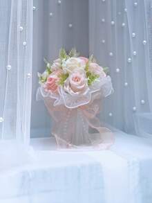 Western Style Outdoor Wedding Bride Bouquet, Imitation Rose Bridal Bouquet With Pearl & Tulle Valentine's Day Accessories - Multicolor - View 2