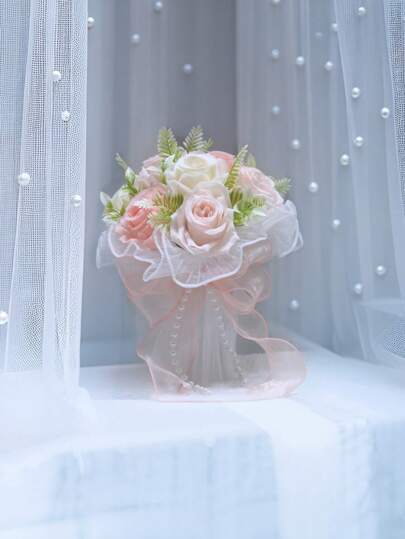 Western Style Outdoor Bride Bouquet, Artificial Rose Bouquet With Pearl & Mesh, Wedding Holding Flower Bunch