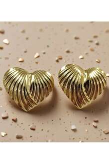 1 Pair Minimalistic European & American Style Pleated Heart Design Statement Earrings, Fashion Personalized Earrings For Women