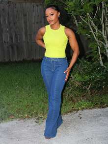 Steph T 1件夏季休闲纯色修身背心 - 青檸色 - 查看 5