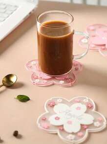 1PC Personalized Cherry Blossom Desk Mat And Coaster Set, Flower Shaped Silicone Cup Coaster, Insulation Pad –Custom Text Table Decor, Heat-Resistant Mug Pad For Home Or Office, Back To School Gift For Her