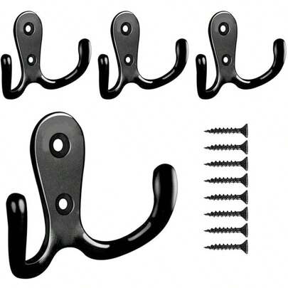 4 Stücke Doppelhaken Kleiderhaken, wandmontierte Aufhänger mit 8 Stücke zufällig farbigen Schrauben, rostfrei, praktische schwarze Metall Wandhaken zum Aufhängen von Handtüchern, Jacken, Taschen, Hüten, Tassen, Schlüsseln