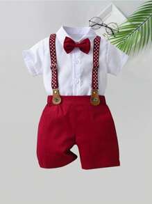 2pcs Baby Boys Gentleman Outfit - Red Suspender Pants And White Shirt With Bow Tie, Suitable For Holidays, Weddings, Parties, New Year Celebrations, And Everyday Wear