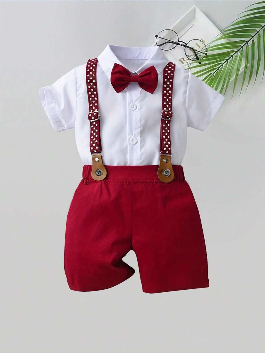 2pcs Baby Boys Gentleman Outfit - Red Suspender Pants And White Shirt With Bow Tie, Suitable For Holidays, Weddings, Parties, New Year Celebrations, And Everyday Wear
