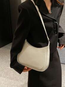 女士时尚纯色复古拼接单肩包，适合日常使用 - 白色 - 查看 8
