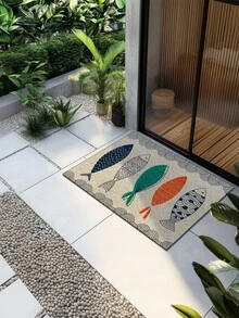 1 件装线条鱼印花门垫，波西米亚风格涤纶防滑背衬可机洗室内入口垫，厨房垫户外地毯，客厅、卧室、浴室、房间装饰办公室装饰地毯