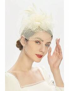 Derby Fascinators Women High Tea Party Hat Wedding Cocktail Flower Headware With Mesh And Feathers - A-ngà voi - Xem 3