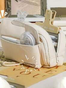 1 件纽扣闭合可爱帆布铅笔盒，大容量文具收纳袋，学生礼物，DIY 化妆包，便捷旅行手提包 - 返校 - 彩色 - 查看 9