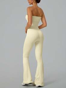 NcmRyu 1 Set Solid Color Seamless Tube Top Bodysuit Women S Slimming Jumpsuit Fitness Apparel Yoga Wear Gym Activewear Stretchable Body Shaper Sleeveless Flare Jumpsuit Comfortable Activewear For Fitness Gym Running And Outdoor Activities - 奶油白 - 查看 9
