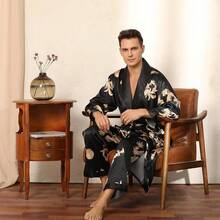 Men's Satin Robe With Pants Lightweight Printed Luxurious Spa Dragon Silk Bathrobe Kimono Sethalloween - Black - View 7