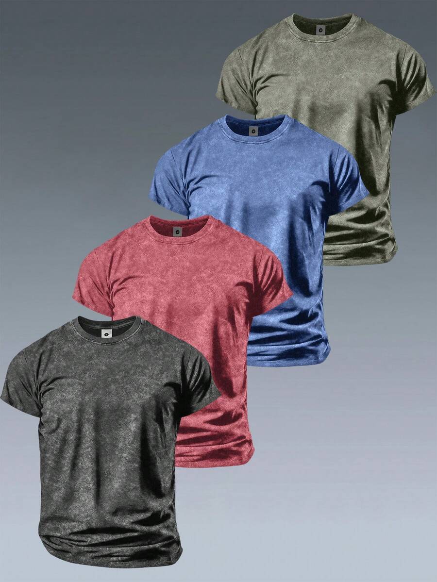 4pcs Men's Regular Fit Casual Washed Short Sleeve Crew Neck T-Shirts, Polyester Solid Color Sports Tops - Multicolor - View 1