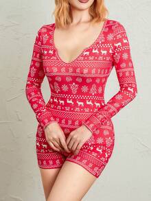 Women's Sexy Romper Shorts, Funny Print Long Sleeve Button Down Deep V Neck Bodysuit - alce de lomo rojo - Ver 7