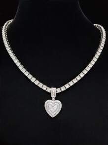 1pc Cubic Zirconia Heart Pendant With 5mm Tennis Chain, Unisex Hip Hop Vintage Pendant Necklace, Suitable For Daily Wear Or Party, Gift For Valentine